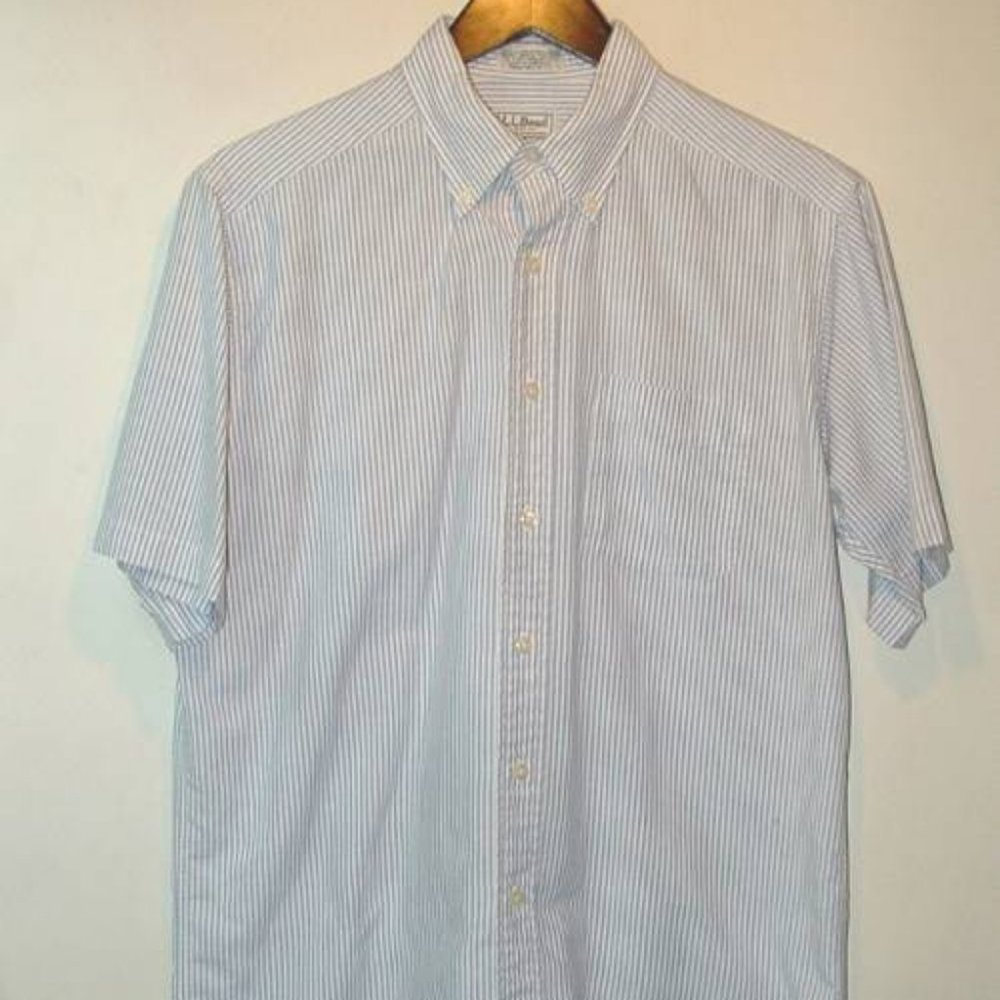 LL Bean pale blue stripe  short sleeve shirt  med 15 1/2  60 % cotton single st